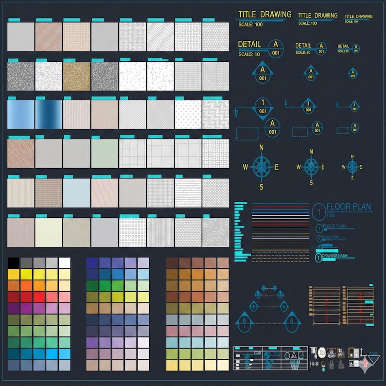 May include: Architectural drawing with various material samples, color palettes, and design elements. Includes a floor plan, title blocks, and detail views. The color palettes feature a wide range of colors, and the material samples showcase different textures and patterns.
