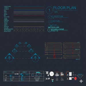 May include: Architectural floor plan diagram with blue, white, and red lines and text. The diagram includes annotations, scales, and symbols for various elements like walls, furniture, and dimensions. The text includes "Floor Plan" and "Drawing Name".