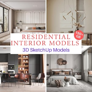 May include: A collection of 3D SketchUp models for residential interior design. The models include a bedroom with a large bed, a kitchen with a dining table and chairs, and a living room with a sofa and coffee table. The text "RESIDENTIAL INTERIOR MODELS" and "3D SketchUp Models" is displayed on the image. The image also includes a text box with the text "150+ GB".