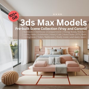 Puede incluir: Una escena de dormitorio moderno con una cama grande, un cabecero rosa y un banco a juego. La habitación presenta una paleta de colores neutros con acentos de rosa y beige. El texto de la imagen dice "3ds Max Models" y "Pre-built Scene Collection".