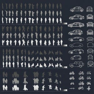 May include: A collection of architectural design elements, including silhouettes of people in various poses, cars, and bicycles. The figures are in white against a dark background, suitable for architectural renderings and design projects.