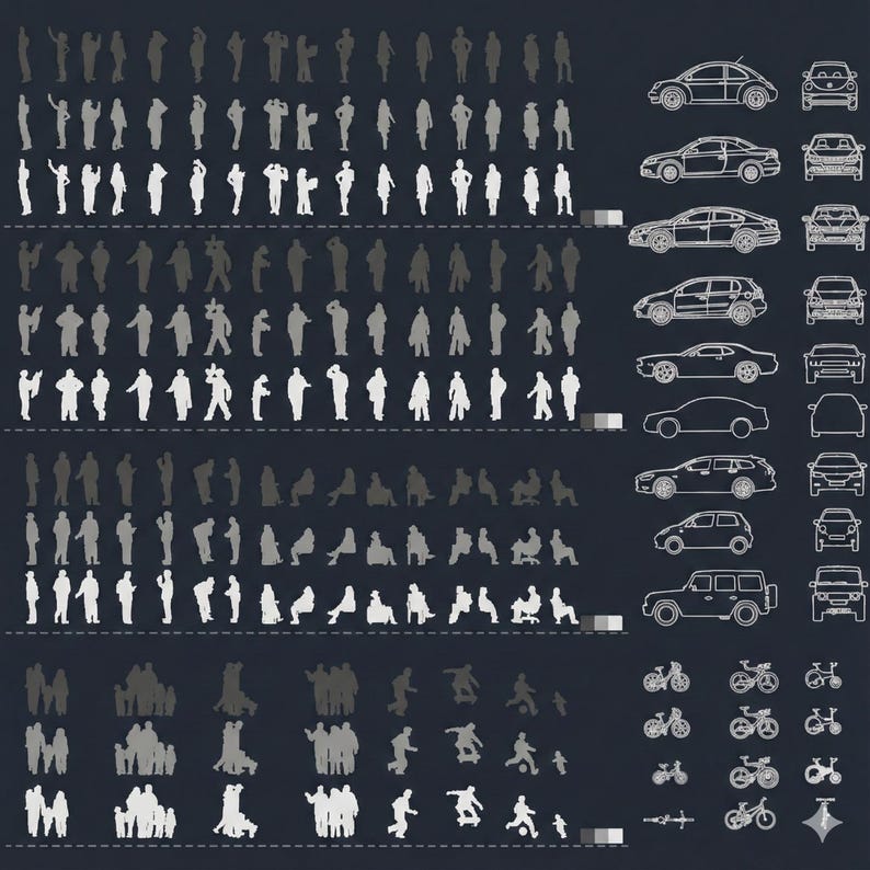 May include: A collection of architectural design elements, including silhouettes of people in various poses, cars, and bicycles. The figures are in white against a dark background, suitable for architectural renderings and design projects.