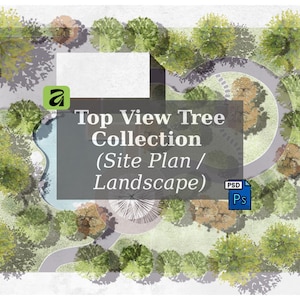 Könnte beinhalten: Draufsicht auf einen Landschaftsentwurf mit Bäumen, Wegen und einem Wasserelement. Das Bild enthält den Text "Top View Tree Collection (Site Plan / Landscape)" und Adobe- und Photoshop-Symbole.