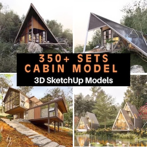 Puede incluir: Una colección de más de 350 modelos 3D de cabañas SketchUp. La imagen muestra cuatro diseños de cabañas diferentes, cada uno con un estilo y un entorno únicos. Las cabañas están rodeadas de exuberante vegetación y cuentan con grandes ventanas que ofrecen impresionantes vistas de la naturaleza circundante.