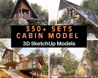 May include: A collection of 350+ 3D SketchUp models of cabins. The image shows four different cabin designs, each with a unique style and setting. The cabins are surrounded by lush greenery and feature large windows that offer stunning views of the surrounding nature.