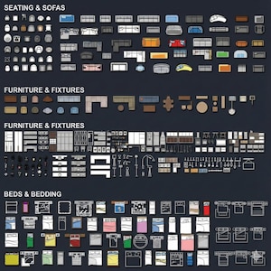 May include: A top-down view of various furniture and bedding items, including sofas, chairs, tables, beds, and fixtures. The image is organized into categories with labels such as "SEATING & SOFAS" and "BEDS & BEDDING". The items are in a variety of colors and styles.