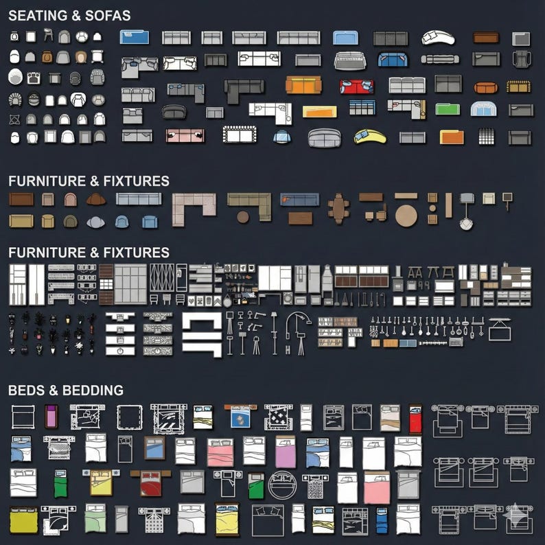 May include: A top-down view of various furniture and bedding items, including sofas, chairs, tables, beds, and fixtures. The image is organized into categories with labels such as "SEATING & SOFAS" and "BEDS & BEDDING". The items are in a variety of colors and styles.