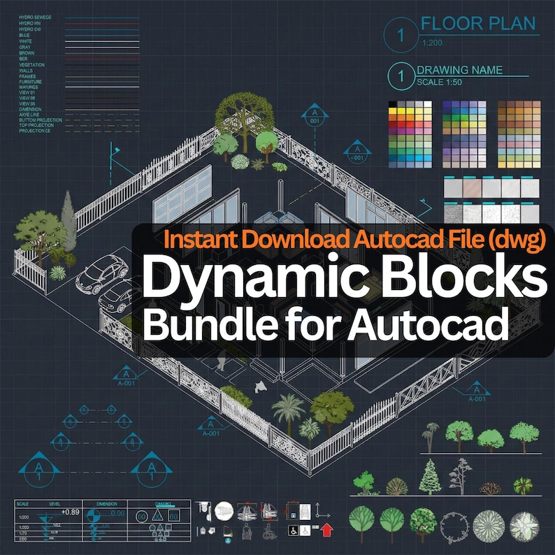 May include: Architectural floor plan graphic with the text "Dynamic Blocks Bundle for Autocad". The image features a detailed blueprint with a house design, cars, trees, and a color palette. The background is a dark blue grid.