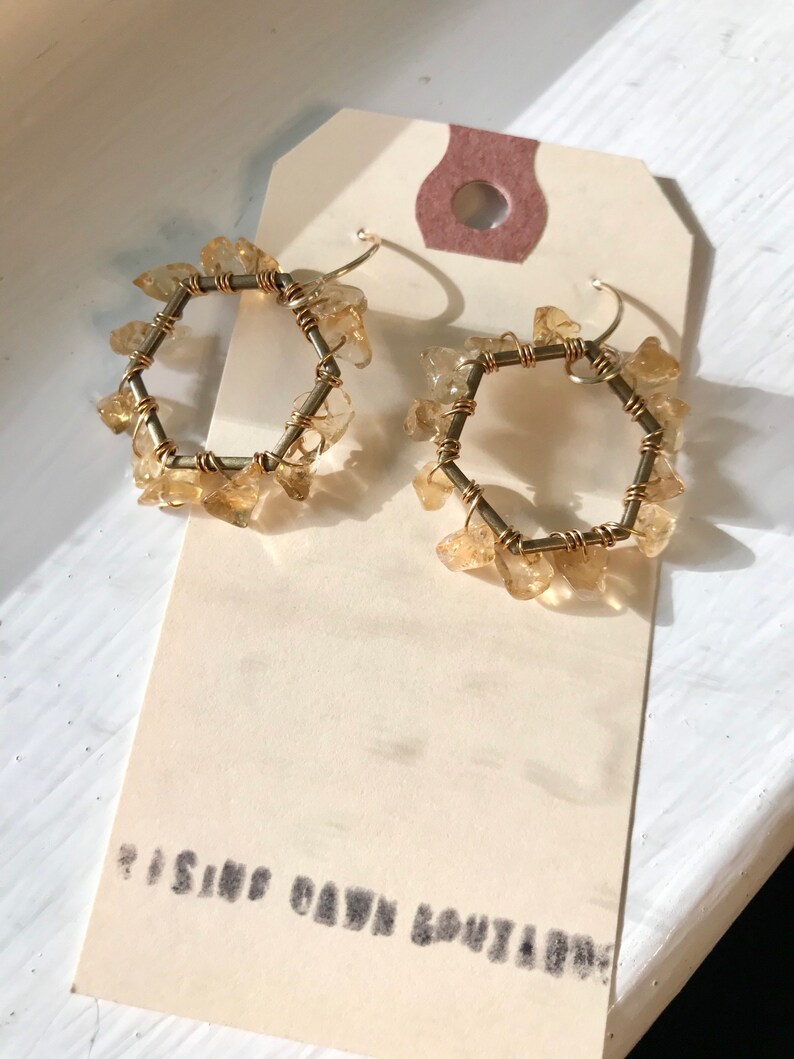 wire wrapped hoops citrine hoops Hexagon hoops bronze hoops citrine earrings November birthstone bronze hoops geometric steampunk