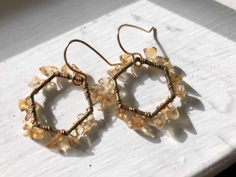 wire wrapped hoops citrine hoops Hexagon hoops bronze hoops citrine earrings November birthstone bronze hoops geometric steampunk