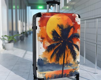 Tropical Sunset Suitcase | Travel Bag, Vacation Luggage, Beach Trip Gear, Tropical Travel Accessory, Palm Tree Design