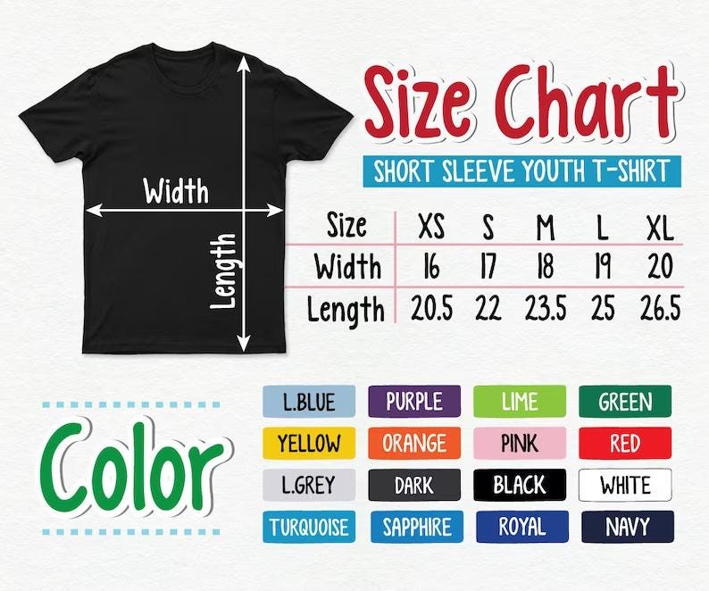 The image is a size chart for a short sleeve youth t-shirt, including measurements and color options.