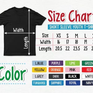 The image is a size chart for a short sleeve youth t-shirt, including measurements and color options.