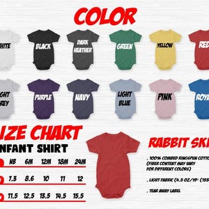 The image is a size chart for an infant shirt, displaying various color options and corresponding measurements.