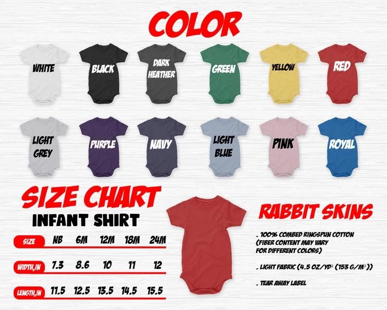 The image is a size chart for an infant shirt, displaying various color options and corresponding measurements.