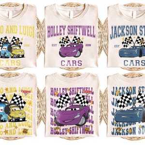 Camiseta de Disney Cars, Camiseta de personajes de Disney Cars, Camiseta de Pixar Mater, Camiseta de cumpleaños de Pixar Lightning McQueen, Camiseta de Cars Sally imagen 3