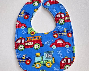 Vehicles INFANT Baby bib, baby shower gift, snap neck, feeding, teething, drool bib, cotton terrycloth, approximately 8” x 11”