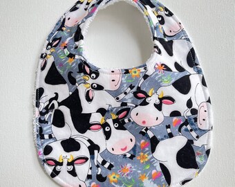 Cows INFANT Baby bib, baby shower gift, snap neck, feeding, teething, drool bib, cotton terrycloth, approximately 8” x 11”