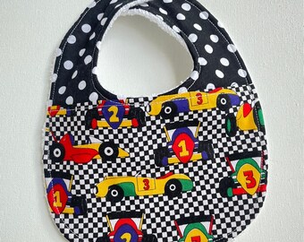 Race cars INFANT Baby bib, baby shower gift, snap neck, feeding, teething, drool bib, cotton terrycloth, approximately 8” x 11”