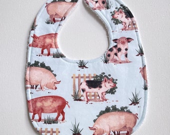 Pigs on the farm INFANT Baby bib, baby shower gift, snap neck, feeding, teething, drool bib, cotton terrycloth, approximately 8” x 11”