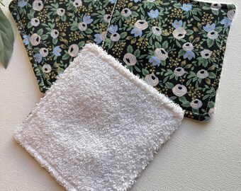 Makeup remover square wash cloths, black blue face wipes, reusable, eco friendly, 3 piece set, 4.5” square terry cloth Rifle Paper Co fabric