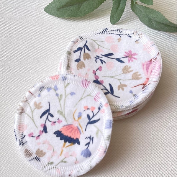 Cotton flannel rounds, reusable cotton pads, washable face scrubbies, zero waste, eye makeup remover pads, flowers and fairies, white