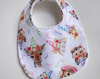 Party Animals INFANT Baby bib, baby shower gift, snap neck, feeding, teething, drool bib, cotton terrycloth, approximately 8” x 11”