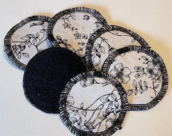Cotton TERRYCLOTH face rounds, reusable cotton pads, face wipe, zero waste, ecofriendly, eye makeup remover pads, black, florals