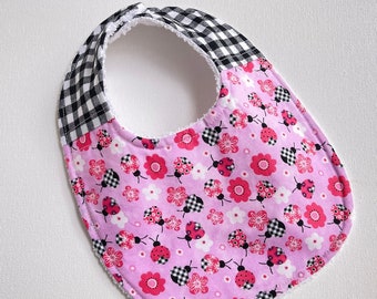 Ladybugs and gingham INFANT Baby bib, baby shower gift, snap neck, feeding, teething, drool bib, cotton terrycloth, approximately 8” x 11”