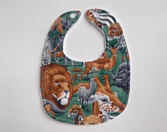 Safari animals INFANT Baby bib, baby shower gift, snap neck, feeding, teething, drool bib, cotton terrycloth, approximately 8” x 11”