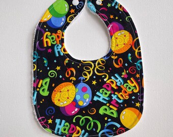 Happy Birthday INFANT Baby bib, baby shower gift, snap neck, feeding, teething, drool bib, cotton terrycloth, approximately 8” x 11”