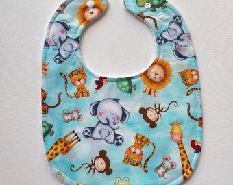 TODDLER baby bib, shower gift, gender neutral, snap neck, feeding, teething, drool bib, gift for baby, approximately 9" x 12" zoo animals