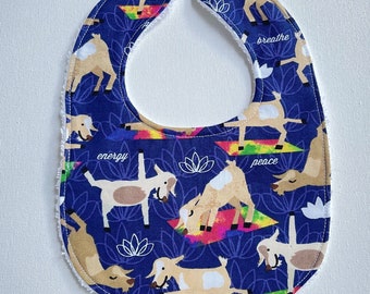 Goat Yoga INFANT Baby bib, baby shower gift, snap neck, feeding, teething, drool bib, cotton terrycloth, approximately 8” x 11”