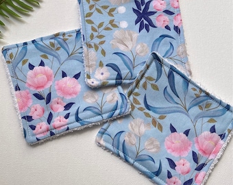 Makeup remover square face wipes, wash cloths, reusable, eco friendly, baby wipes, 3 piece set, 4.5” square terrycloth blue florals
