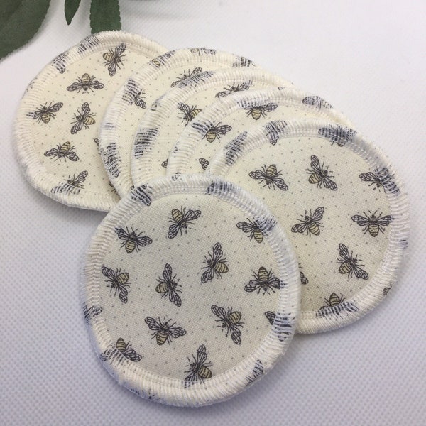 Facial rounds, reusable cotton makeup removal pads, bee cotton print, washable, skin care, 6 count, multi-layer 3” rounds, beige neutral