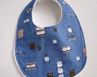 Smores INFANT Baby bib, baby shower gift, snap neck, feeding, teething, drool bib, cotton terrycloth, approximately 8” x 11”