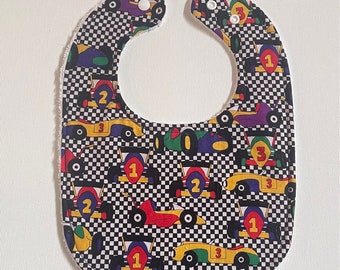 Baby bib, TODDLER,Baby shower gift, gender neutral, snap neck, feeding, teething, drool bib, gift for baby, approximately 9" x 12" race cars