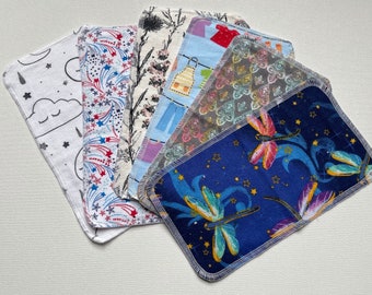 6 Dryer sheets, washable, reusable eco friendly, 2 ply, size: 5”x9” assorted patterns as shown