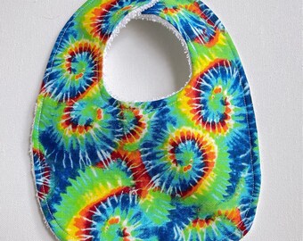 Tie Dye Infant Baby bib, baby shower gift, snap neck, feeding, teething, drool bib, cotton terrycloth, 8” x 11”  Tie dye