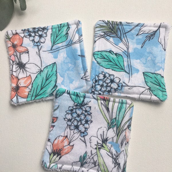 Reusable makeup remover pads, exfoliating face cloth square, 3 pc. set, terry cloth, 4.5" cotton flannel pads, blue floral