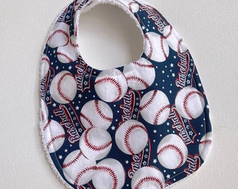 Baseball INFANT Baby bib, baby shower gift, snap neck, feeding, teething, drool bib, cotton terrycloth, approximately 8” x 11”