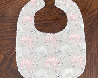 TODDLER baby bib, shower gift, gender neutral, snap neck, feeding, teething, drool bib, gift for baby, approximately 9" x 12" sleeping sloth