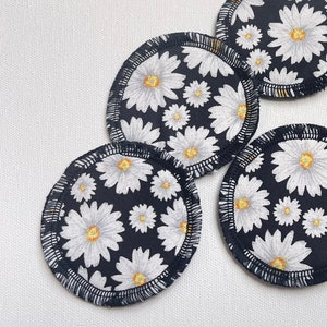 Reusable cotton face rounds, eye makeup remover pads, 6 count muti layer, 3” rounds, cotton, flannel, daisies on black, toner applicaton pad