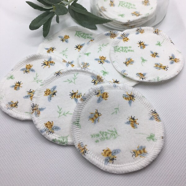 Cotton flannel face rounds, Eye makeup remover pads, Reusable face rounds, 6 count, 3” rounds, cotton flannel bee print creamy yellow