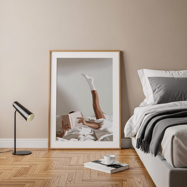 Cozy Wall Art, Lazy Morning Reading, Cozy White Sheets, Bedroom Decor, Relaxing Art Print, Home Decor, Warm Atmosphere image 2