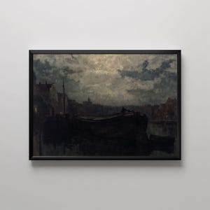 May include: A framed, dark, moody painting of a harbor scene at dusk. A large boat is in the foreground, with buildings and a cloudy sky in the background. The painting is in a black frame.
