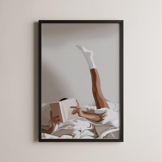 Cozy Wall Art, Lazy Morning Reading, Cozy White Sheets, Bedroom Decor, Relaxing Art Print, Home Decor, Warm Atmosphere