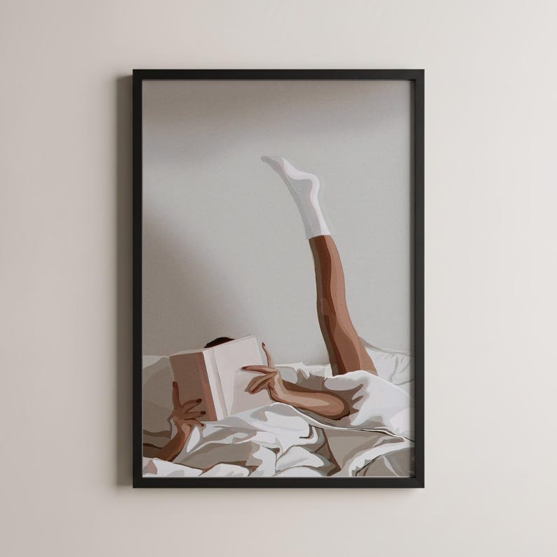 Cozy Wall Art, Lazy Morning Reading, Cozy White Sheets, Bedroom Decor, Relaxing Art Print, Home Decor, Warm Atmosphere image 1