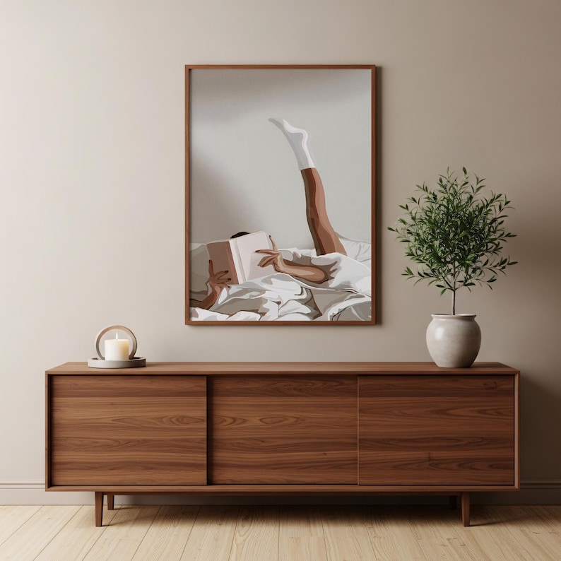 Cozy Wall Art, Lazy Morning Reading, Cozy White Sheets, Bedroom Decor, Relaxing Art Print, Home Decor, Warm Atmosphere image 4
