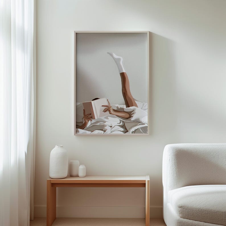 Cozy Wall Art, Lazy Morning Reading, Cozy White Sheets, Bedroom Decor, Relaxing Art Print, Home Decor, Warm Atmosphere image 10